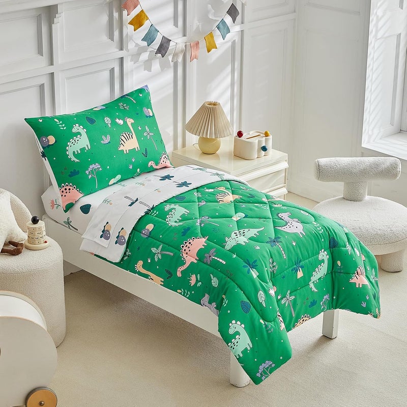 DuShow Dinosaur Toddler Bedding Set for Boys, 4 Pieces Soft Crib Bed Set Including Comforter, Fitted Sheet, Flat Top Sheet and Pillowcase-Green - Image 2